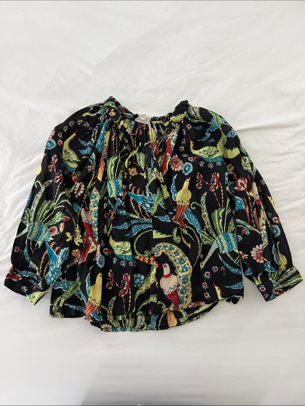 Fitzroy & Willa Black Parrot-Print Peasant Blouse